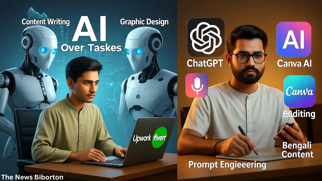 A Bangladeshi freelancer working on a laptop showing Upwork and Fiverr, with AI robots on one side taking over routine tasks like writing and design, and on the other side, the freelancer using AI tools collaboratively to enhance productivity — symbolizing how AI is reshaping freelancing in Bangladesh.