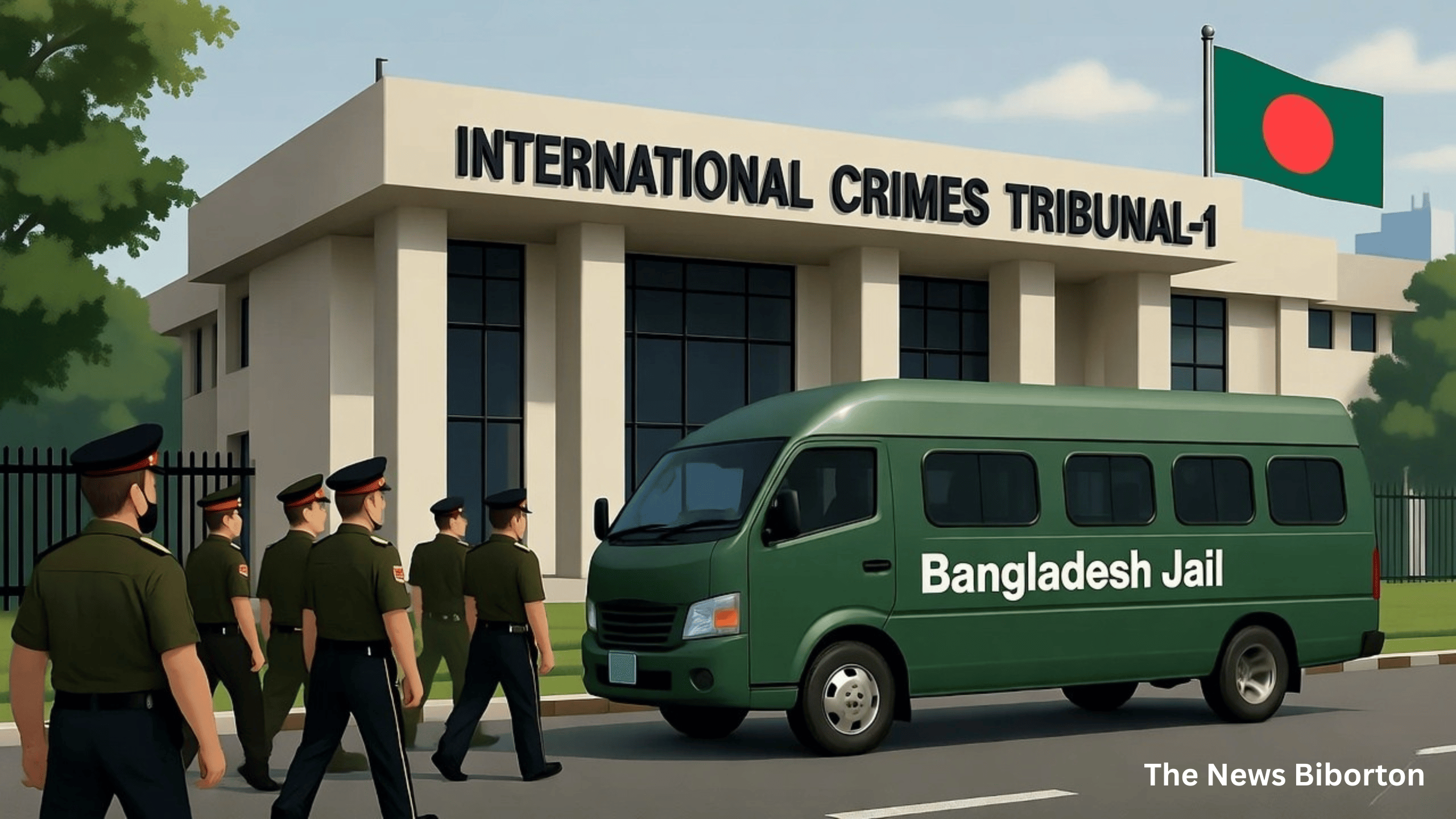 Green Bangladesh Jail prison van outside International Crimes Tribunal-1 in Dhaka, with military officers escorted by police under tight security on October 22, 2025