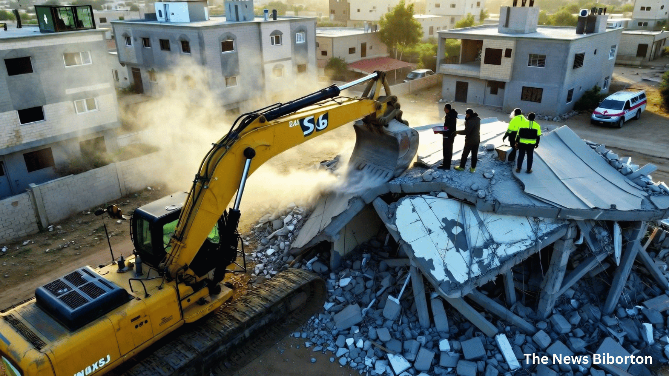 Aerial view of search and recovery operations in Khan Younis, Gaza, on October 21, 2025, as teams look for remains of captives in the rubble of buildings destroyed during the conflict